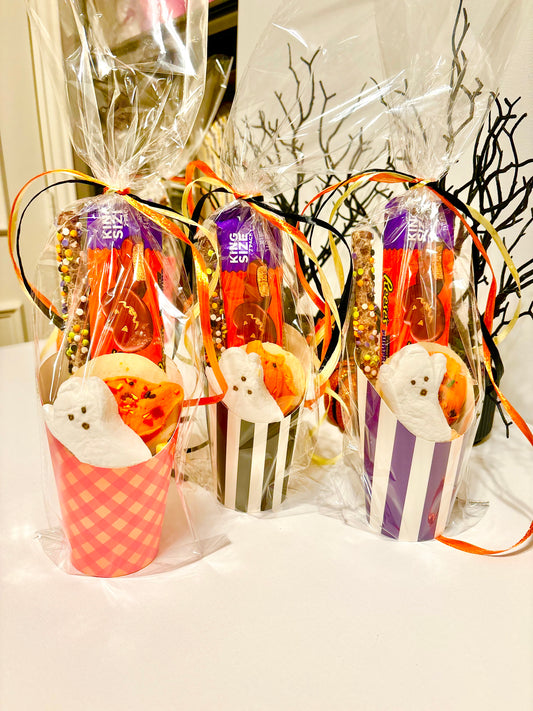 Halloween Charcuterie cups stripe gingham candy popcorn hostess gift guest gift giving buffet sweet salty snack cup