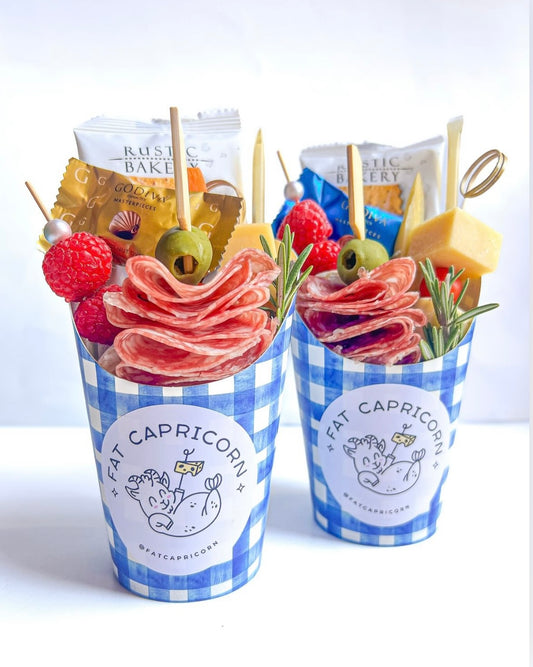 blue gingham charcuterie cup personalization baby shower wedding shower wedding birthday cheese meat fruit olives rosemary crackers chocolate