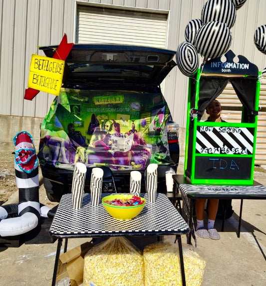 Beetlejuice Halloween Truck or Treat charcuterie black and white striped snack cups