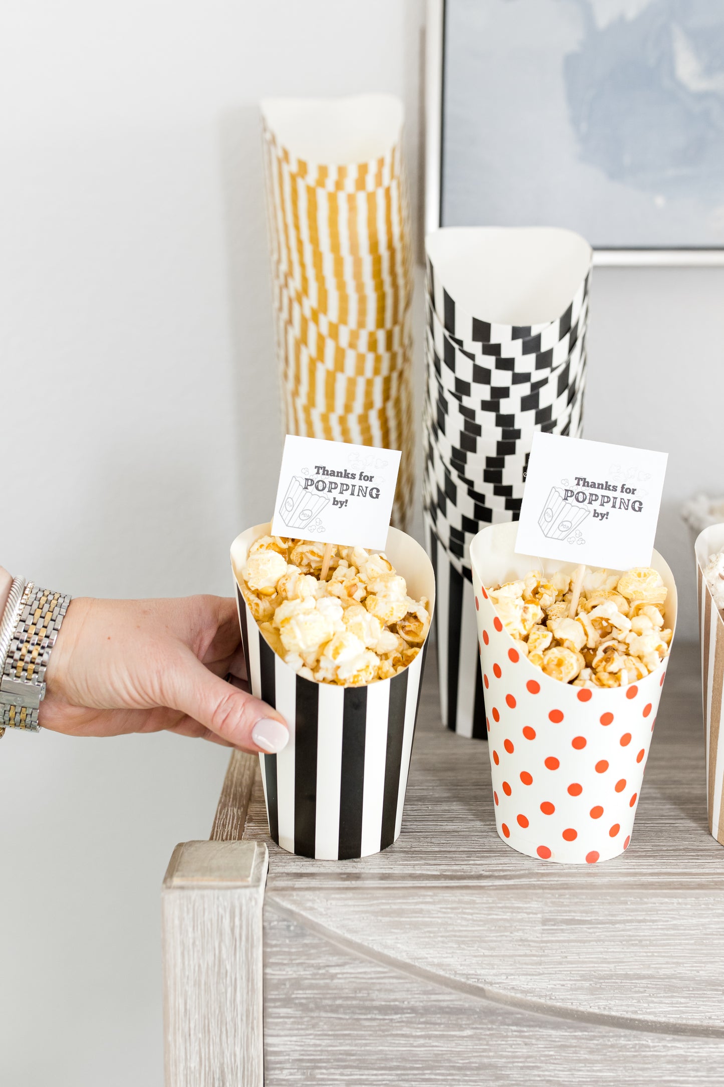 black and white striped charcuterie cup popcorn