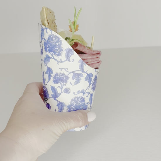 Meat and Cheese Filled Blue Floral Charcuterie Cup