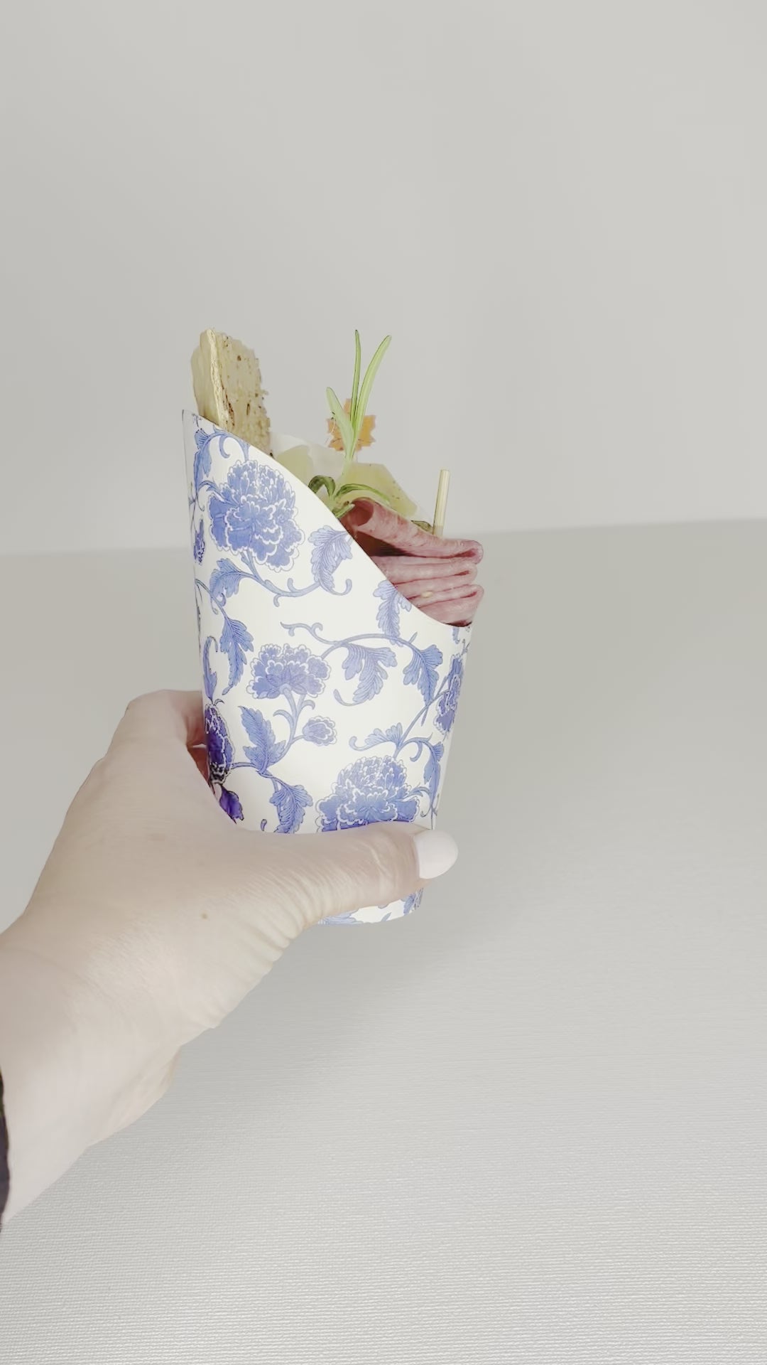 Meat and Cheese Filled Blue Floral Charcuterie Cup